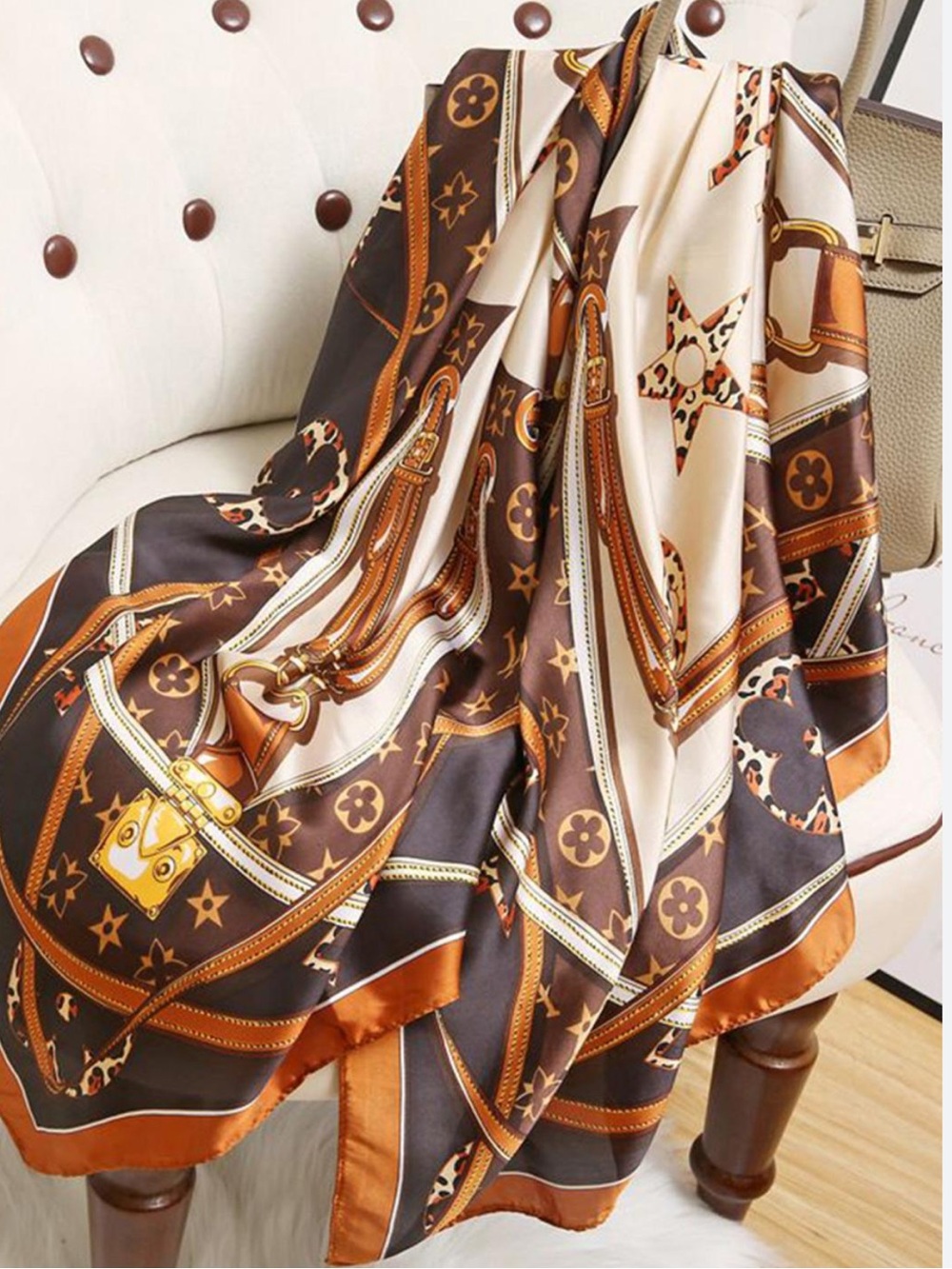 ShopEvelynne Brown, Cream & Tan Silk-Effect Fashion Scarf